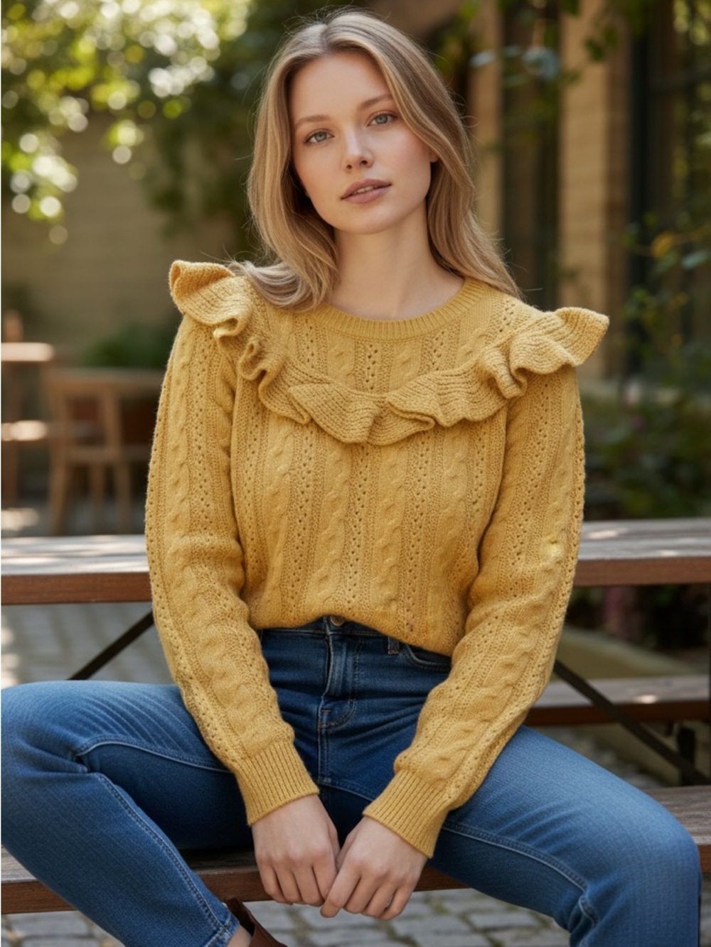 Lost + Wander Mustard Yellow Ruffle Cable Knit Sweater